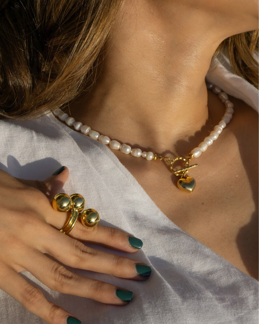 Set pulsera corazón perla + cadena corazón perla